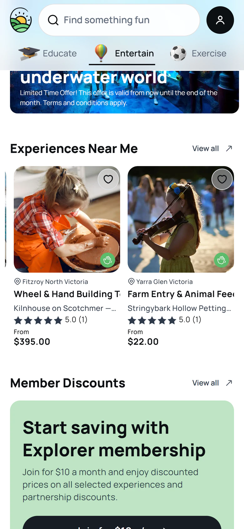 Everything Kids on a phone: experiences near the visitor and member discounts