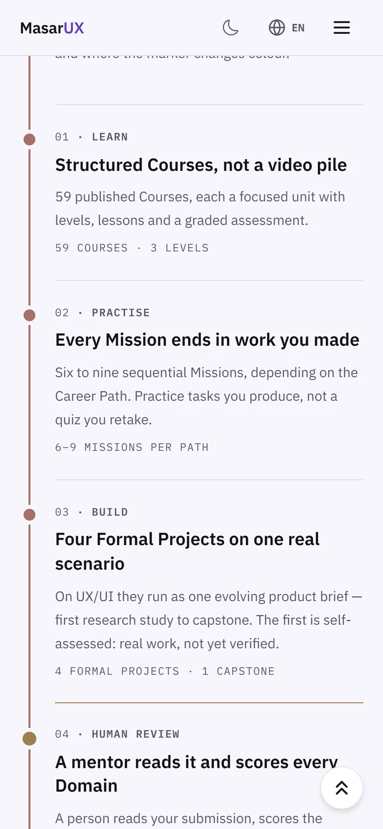 MasarUX on a phone: the first stages of the learning path